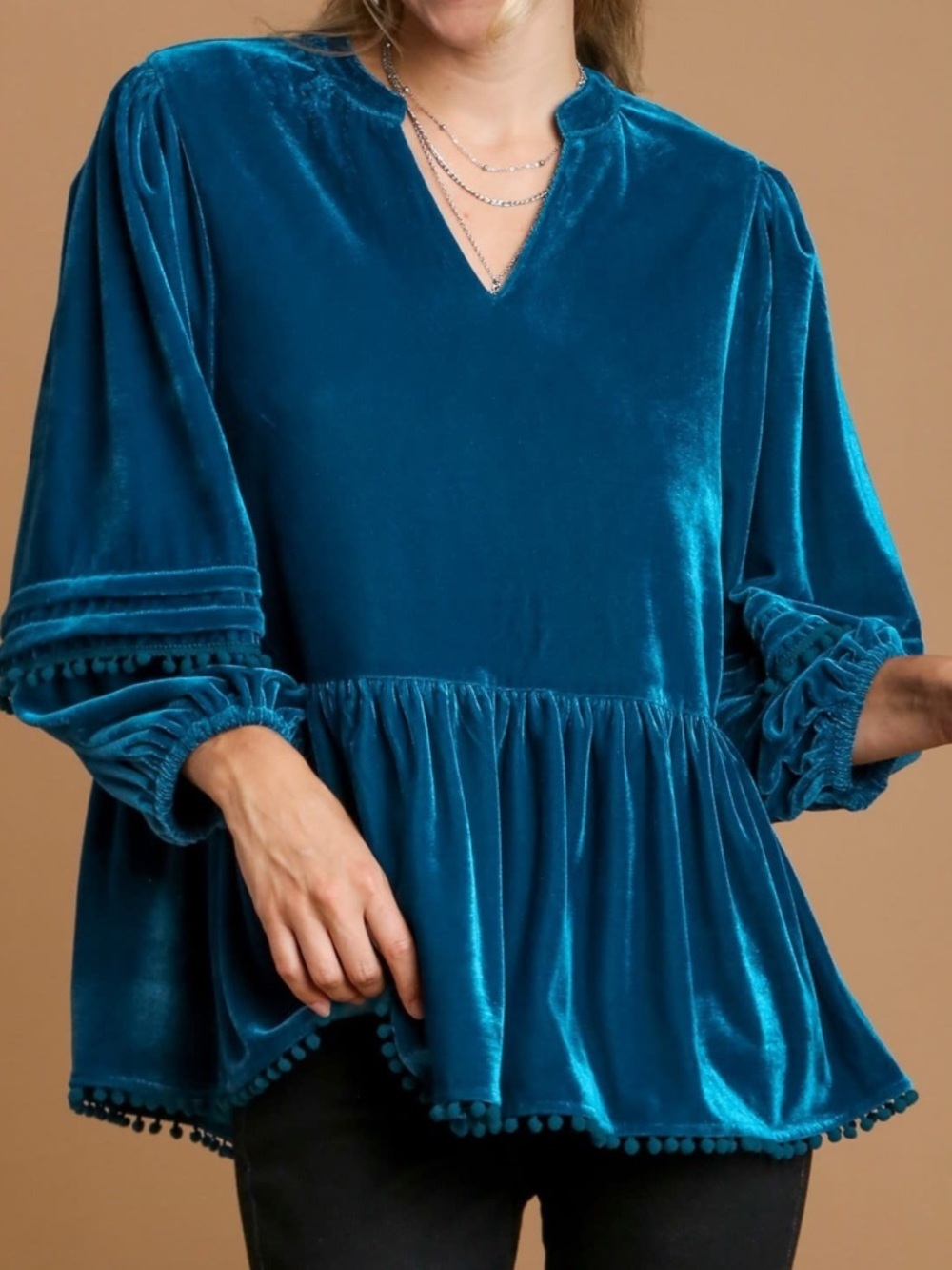 Umgee Boho Yellow Velvet Peplum Tunic with Pom-Pom Trim Size Large P-12